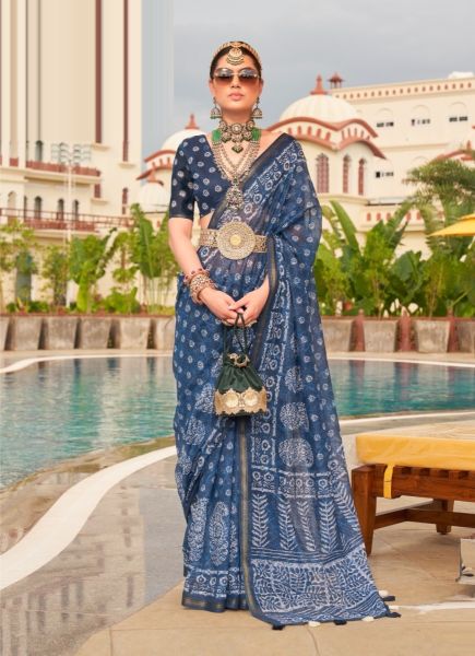 Indigo Blue Linen-Cotton Printed Office-Wear Saree