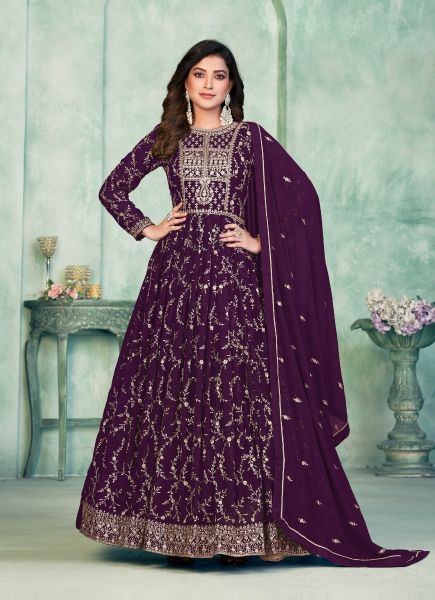 Purple Georgette Embroidered Party-Wear Floor-Length Salwar Kameez