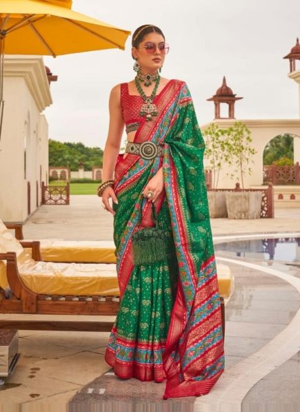 Green & Crimson Red Patola Silk Printed Saree For Traditional / Religious Occasions