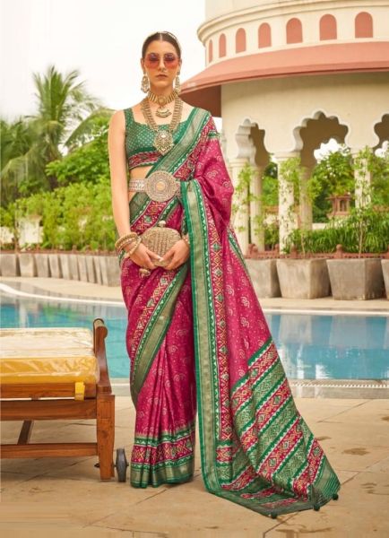 Dark Pink & Green Patola Silk Printed Saree For Traditional / Religious Occasions