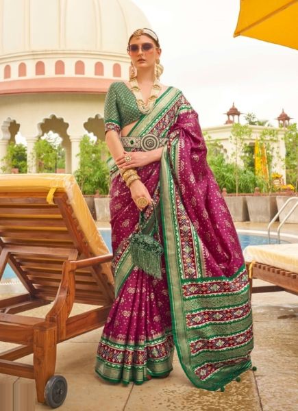 Purple & Green Patola Silk Printed Saree For Traditional / Religious Occasions