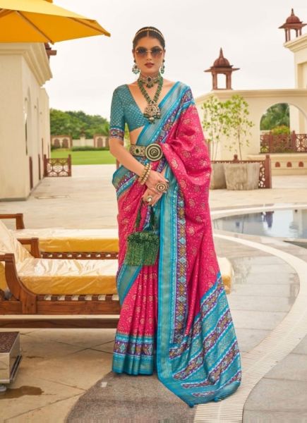 Dark Pink & Sky Blue Patola Silk Printed Saree For Traditional / Religious Occasions