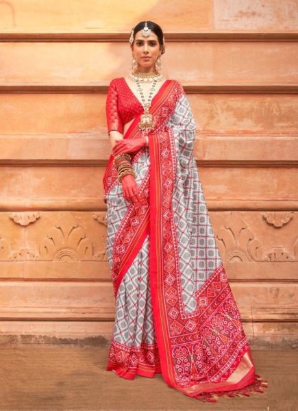 White & Red Printed Festive-Wear Patola Silk Saree