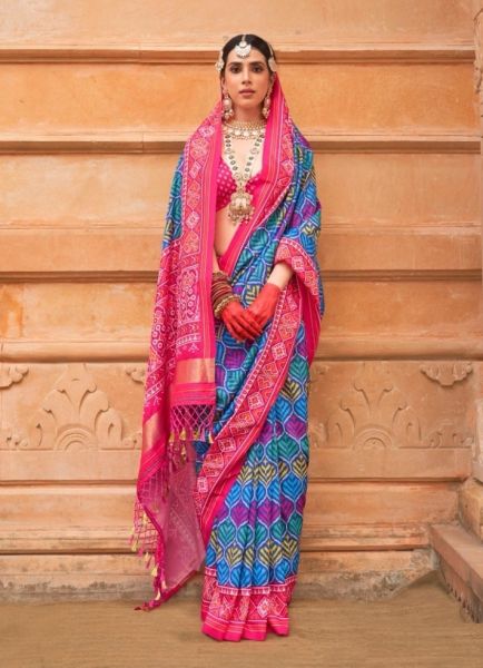 Blue & Dark Pink Printed Festive-Wear Patola Silk Saree