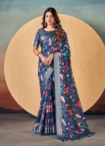 Blue Dola Silk Digitally Printed Festive-Wear Saree With Tassels