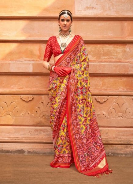 Yellow & Red Printed Festive-Wear Patola Silk Saree