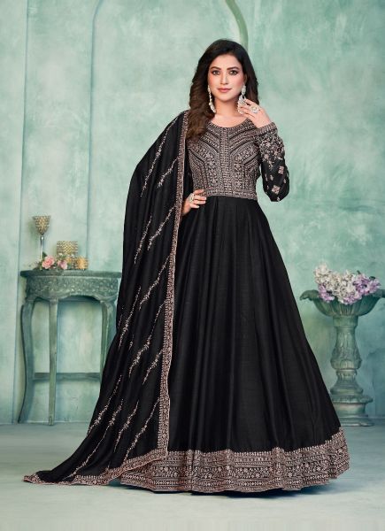Black Art Silk Embroidered Party-Wear Floor-Length Salwar Kameez