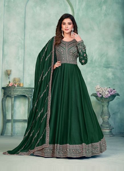 Green Art Silk Embroidered Party-Wear Floor-Length Salwar Kameez