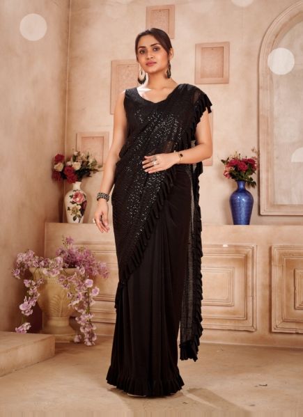 Black Lycra Sequins-Work Ready-To-Wear Frill / Ruffle Saree