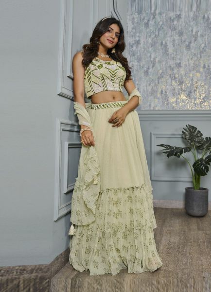 Light Pista Green Georgette Handwork Wedding-Wear Readymade Crop-Top Lehenga Choli