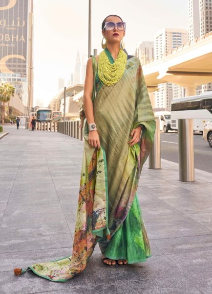 Light Olive Green Satin Digitally Printed Carnival Saree For Kitty Parties