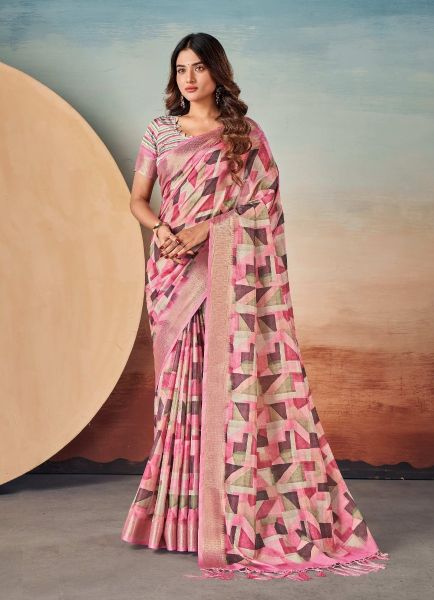 Pink Dola Silk Digitally Printed Festive-Wear Saree With Tassels