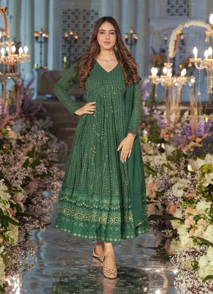 Sea Green Faux Georgette Sequins-Work Party-Wear Readymade Gown With Dupatta