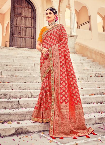 Red Dola Silk Embroidered Saree For Traditional / Religious Occasions