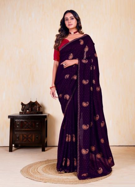 Dark Violet Vichitra Silk Blooming Embroidered Festive-Wear Saree