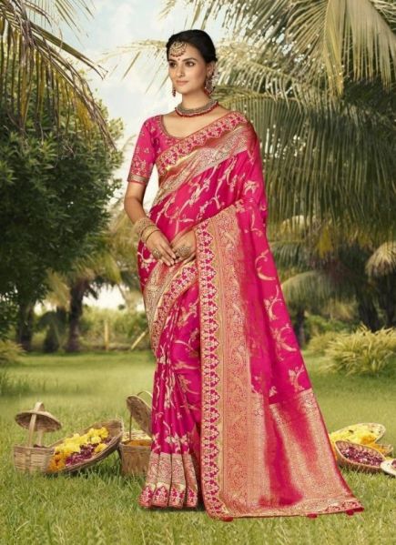Deep Pink Weaving & Gota-Patti Work Wedding-Wear Silk Embroidery Saree