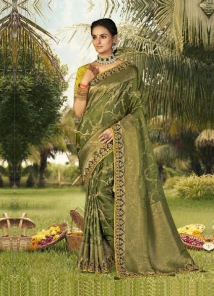 Olive Green Weaving & Gota-Patti Work Wedding-Wear Silk Embroidery Saree