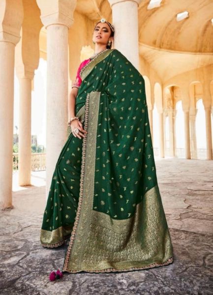 Dark Green Silk Embroidery Wedding-Wear Saree