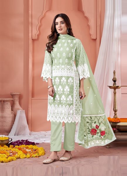 Light Green Organza Chikankari-Work Festive-Wear Straight-Cut Salwar Kameez