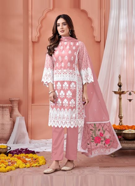 Pink Organza Chikankari-Work Festive-Wear Straight-Cut Salwar Kameez