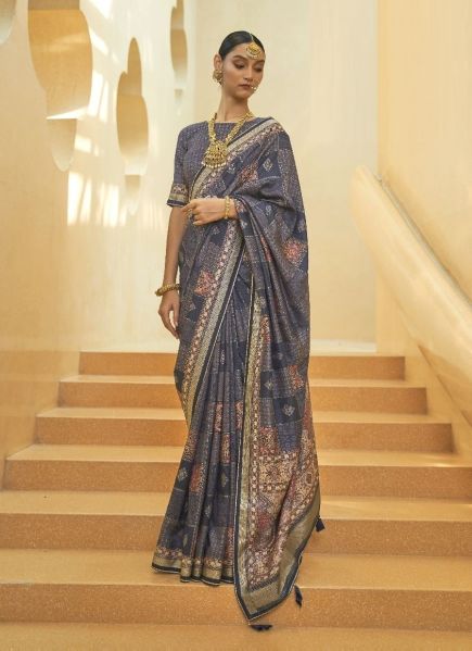 Blue Gray Dola Silk Weaving Festive-Wear Saree