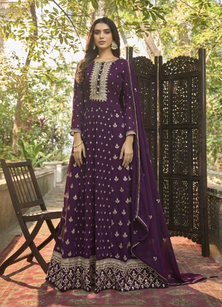 Dark Violet Faux Georgette Embroidered Party-Wear Floor-Length Salwar Kameez