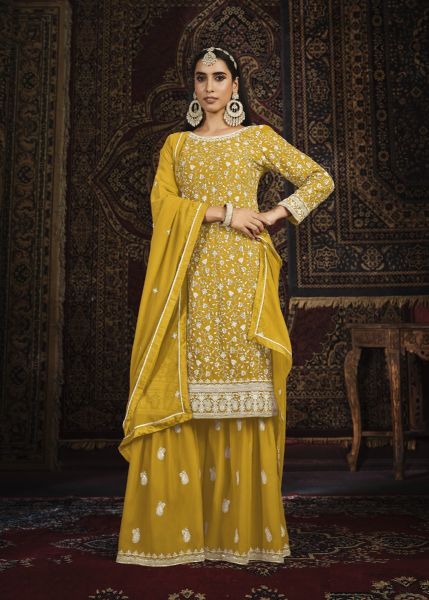 Mustard Yellow Faux Georgette Thread-Work Party-Wear Gharara-Bottom Salwar Kameez