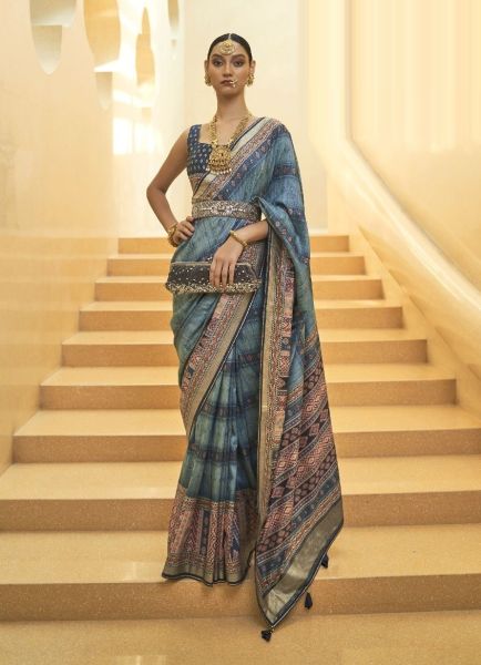 Light Blue Dola Silk Weaving Festive-Wear Saree