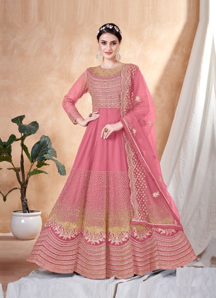 Pink Net Embroidered Party-Wear Floor-Length Salwar Kameez