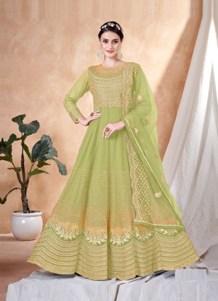 Light Olive Green Net Embroidered Party-Wear Floor-Length Salwar Kameez