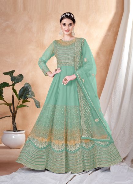 Light Mint Green Net Embroidered Party-Wear Floor-Length Salwar Kameez