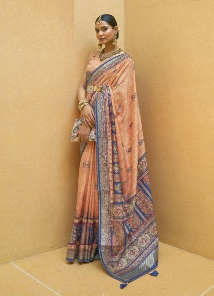 Peach Dola Silk Weaving Festive-Wear Saree