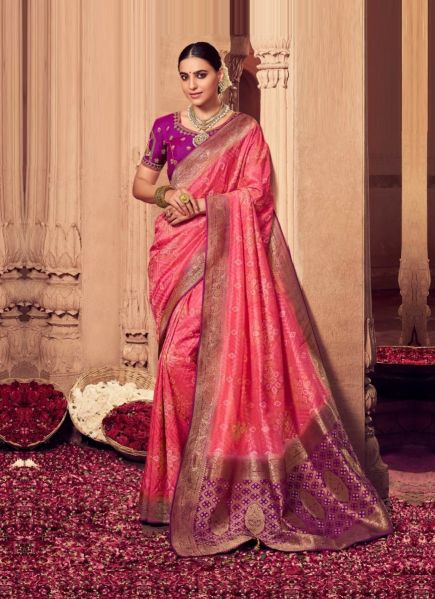 Red & Purple Dola Silk Weaving Party-Wear Saree