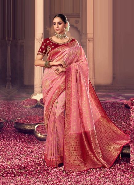 Pink & Maroon Dola Silk Weaving Party-Wear Saree