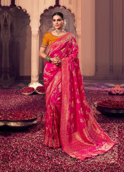 Pink Red Dola Silk Weaving Party-Wear Saree