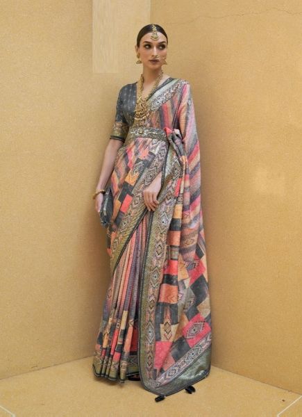 Multicolor Gray Dola Silk Weaving Festive-Wear Saree