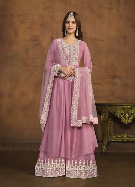Pink Georgette Thread-Work Ramadan Special Palazzo-Bottom Salwar Kameez