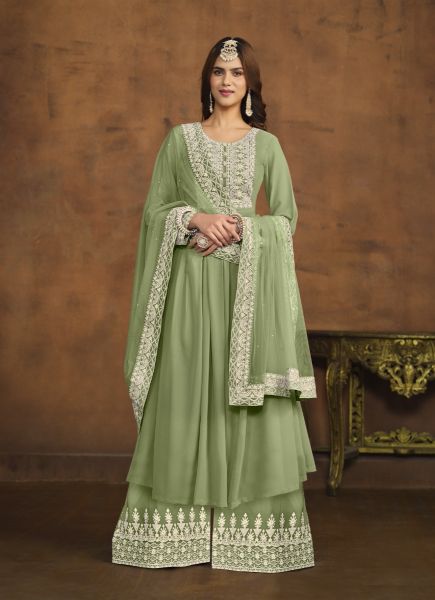 Light Green Georgette Thread-Work Ramadan Special Palazzo-Bottom Salwar Kameez