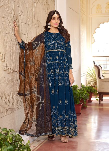 Dark Blue Faux Georgette Embroidered Ramadan Special Plus-Size Salwar Kameez