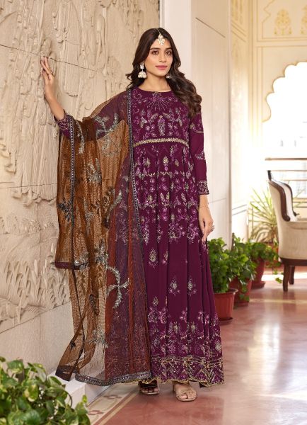 Dark Purple Faux Georgette Embroidered Ramadan Special Plus-Size Salwar Kameez