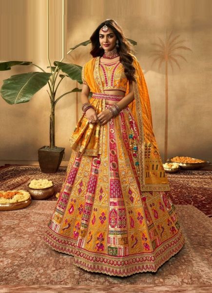 Orange & Magenta Silk Hand Embroidered Wedding-Wear Bridal Lehenga Choli