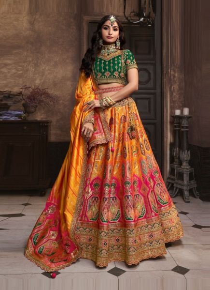 Orange & Magenta Woven Banarasi Silk Wedding-Wear Bridal Lehenga Choli