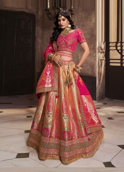 Beige & Magenta Woven Banarasi Silk Wedding-Wear Bridal Lehenga Choli