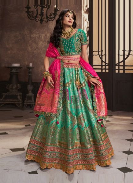 Aqua Green Woven Banarasi Silk Wedding-Wear Bridal Lehenga Choli
