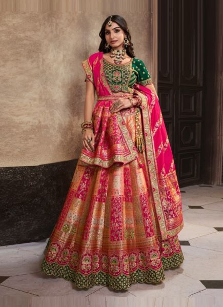 Coral & Magenta Woven Banarasi Silk Wedding-Wear Bridal Lehenga Choli