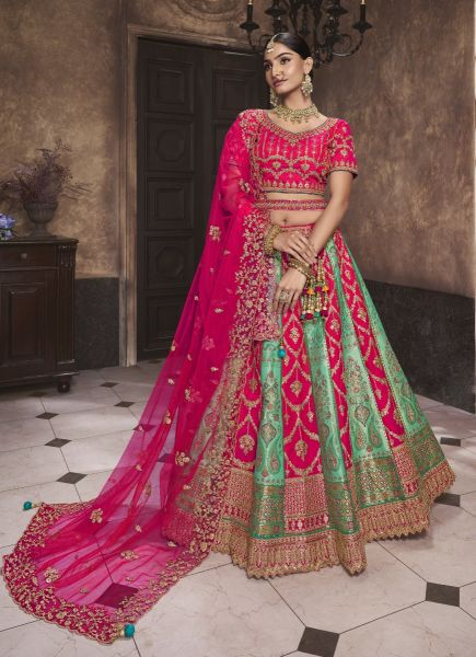 Magenta & Mint Green Banarasi Silk Handwork Wedding-Wear Bridal Lehenga Choli