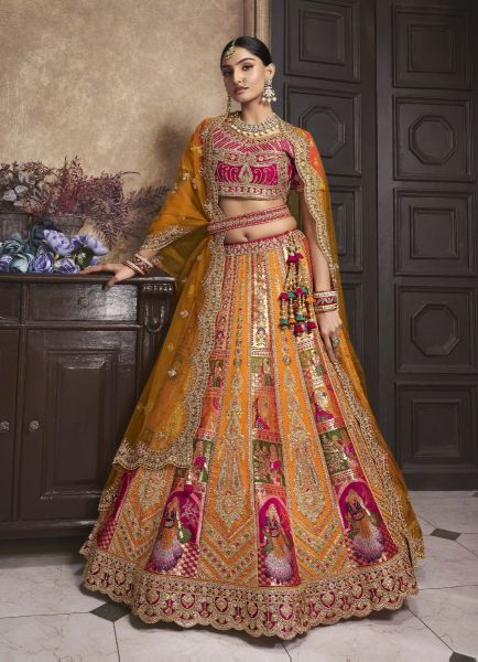Orange Banarasi Silk Handwork Wedding-Wear Bridal Lehenga Choli