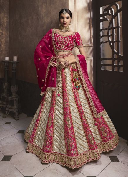 Magenta & White Banarasi Silk Handwork Wedding-Wear Bridal Lehenga Choli