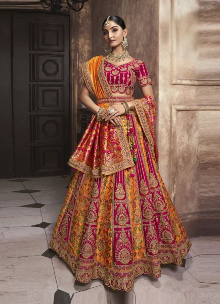 Orange & Magenta Banarasi Silk Handwork Wedding-Wear Bridal Lehenga Choli