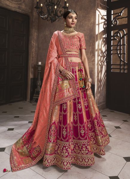 Salmon & Purple Banarasi Silk Handwork Wedding-Wear Bridal Lehenga Choli